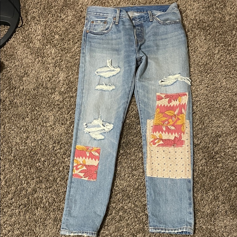Levi's Light Blue Straight Leg Jeans with Floral Patchwork